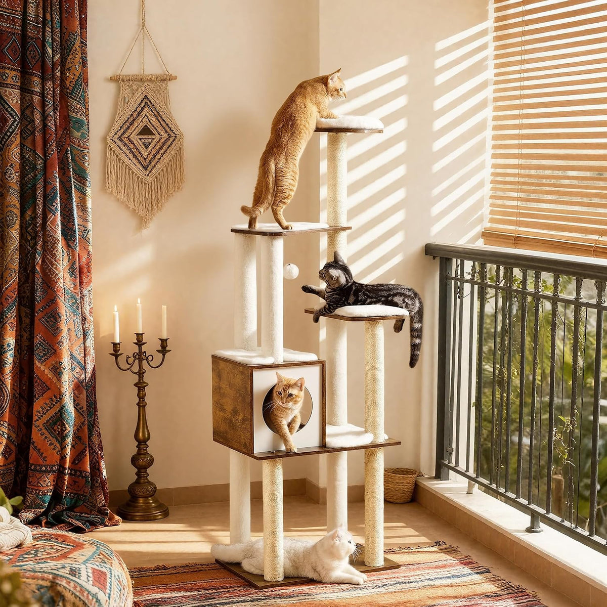 Cat Tree, 64.6-Inch Multi-Level Tower with 5 Scratching Posts
