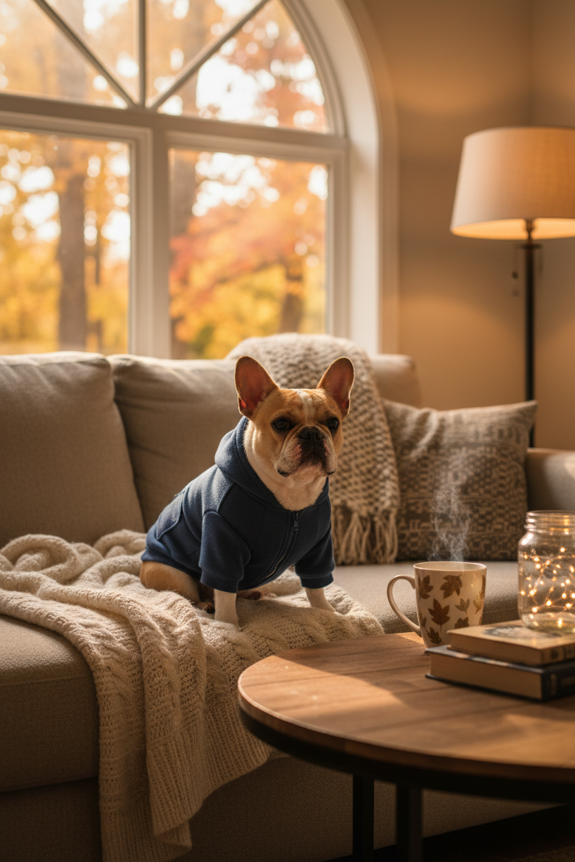 French Bulldog wearing a navy blue zip hoodie on a cozy couch