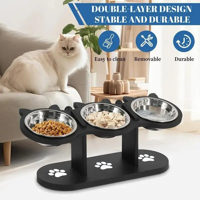 Elevated Cat Feeding Station with Multi-Tier Design, Featuring 3 Stainless Steel Bowls and Stands, Easy Assembly, and Portable for Cats and Dogs
