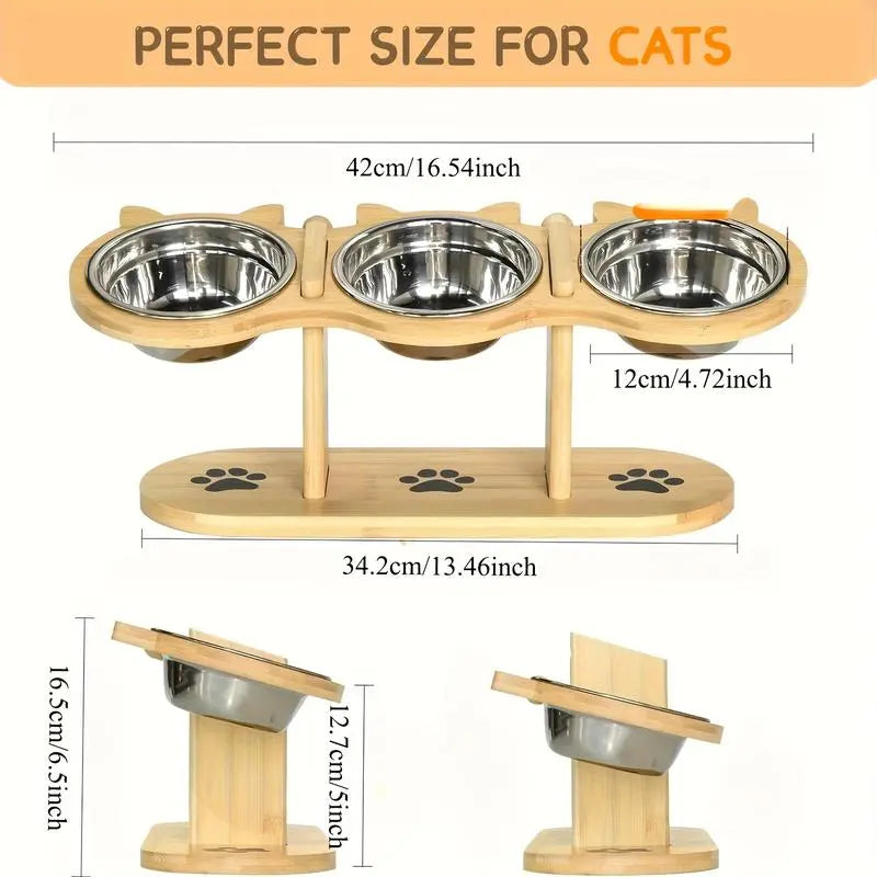 Elevated Cat Feeding Station with Multi-Tier Design, Featuring 3 Stainless Steel Bowls and Stands, Easy Assembly, and Portable for Cats and Dogs