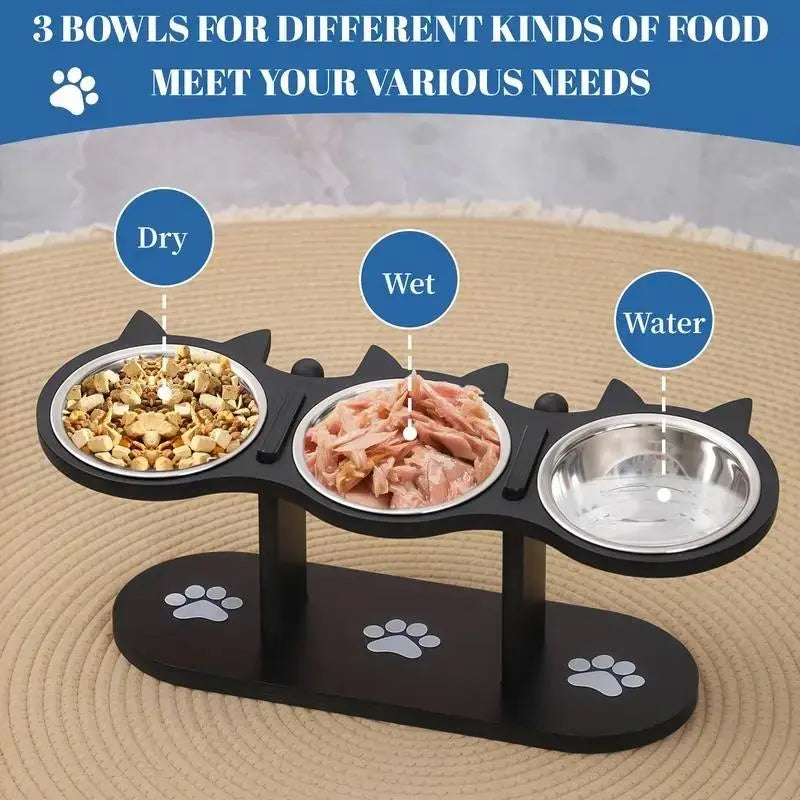 Elevated Cat Feeding Station with Multi-Tier Design, Featuring 3 Stainless Steel Bowls and Stands, Easy Assembly, and Portable for Cats and Dogs