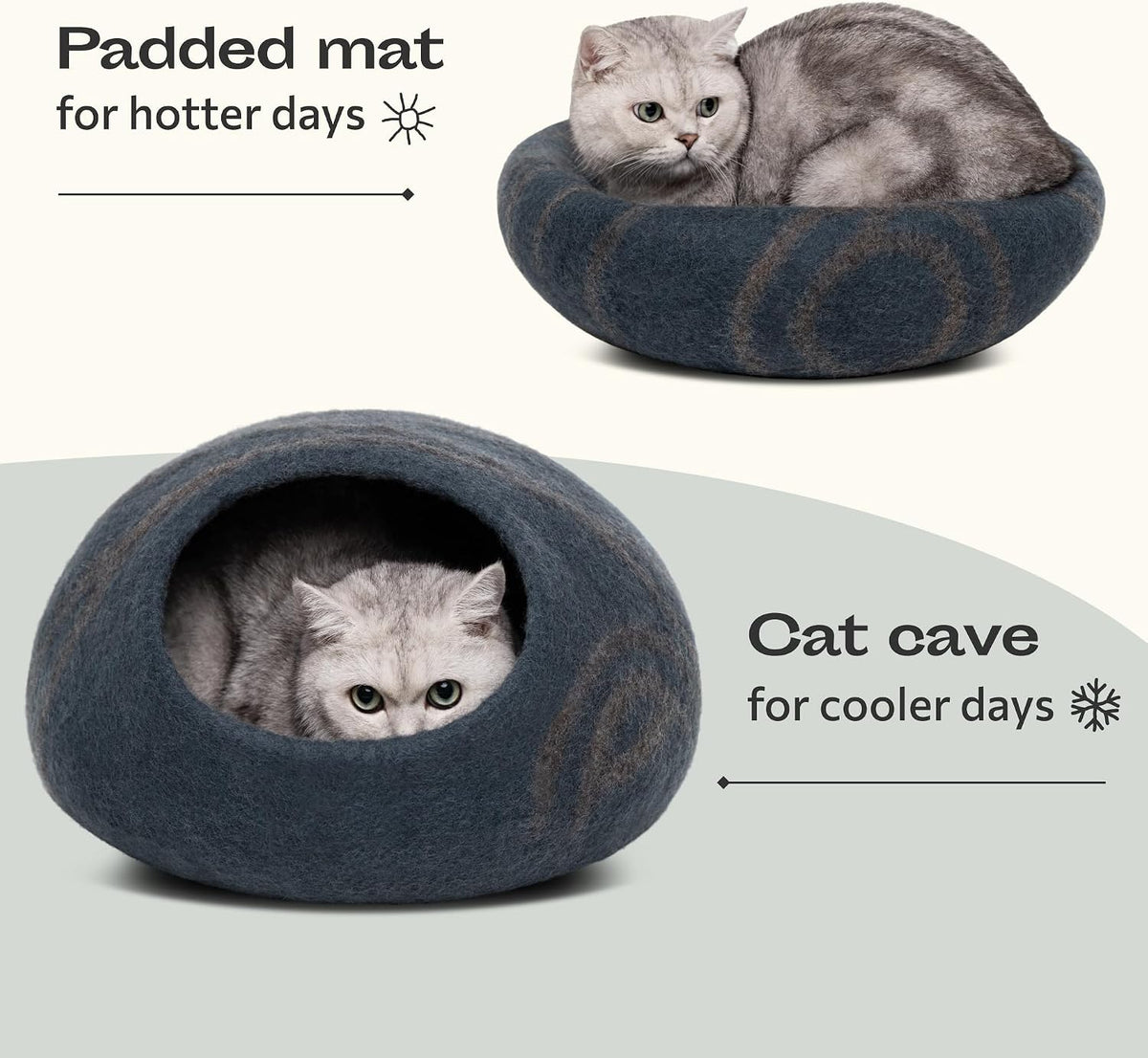 Cat Cave - Merino Wool Bed for Indoor Cats (Slate Grey, Large)