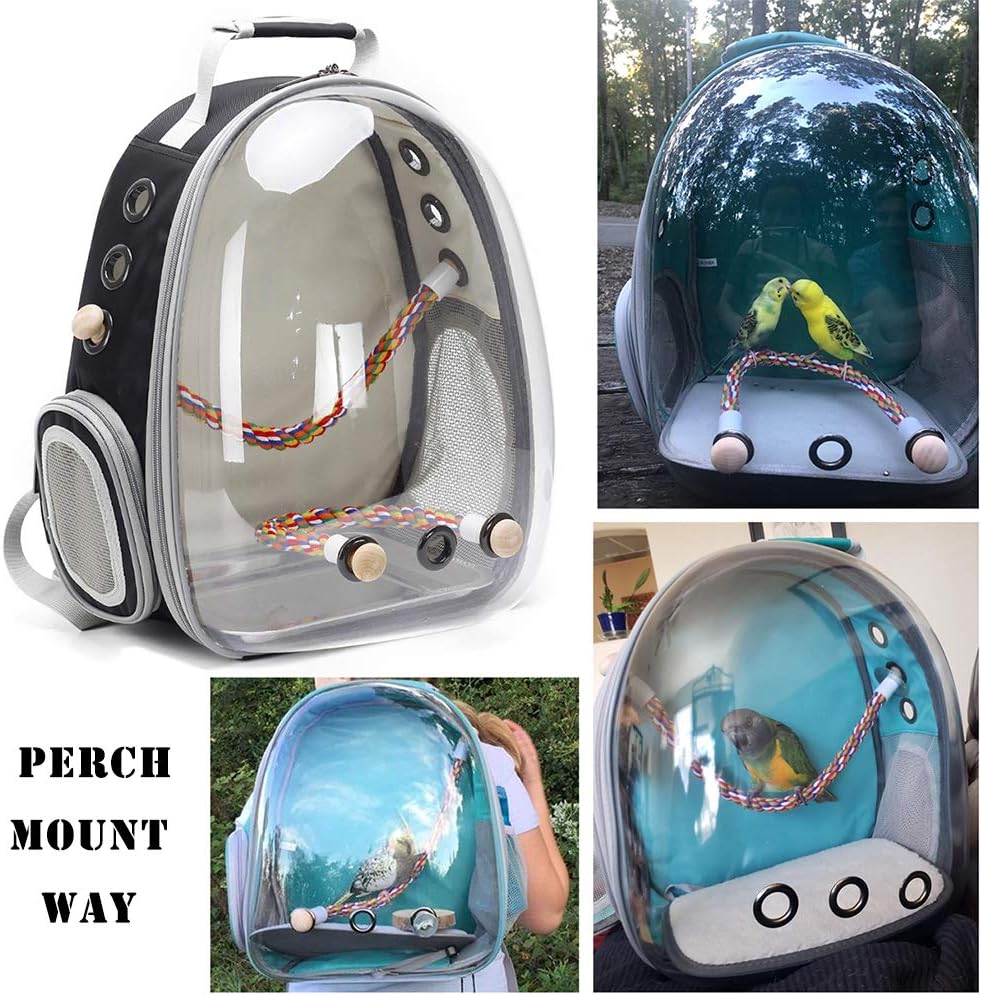 Bird Traval Carrier Cage, Clear Space Capsule Astronaut Backpack to Carry Parakeet Cockatiel Parrot with Metal Tray Bird Feeder Wood Perch, Vet Transport Bag