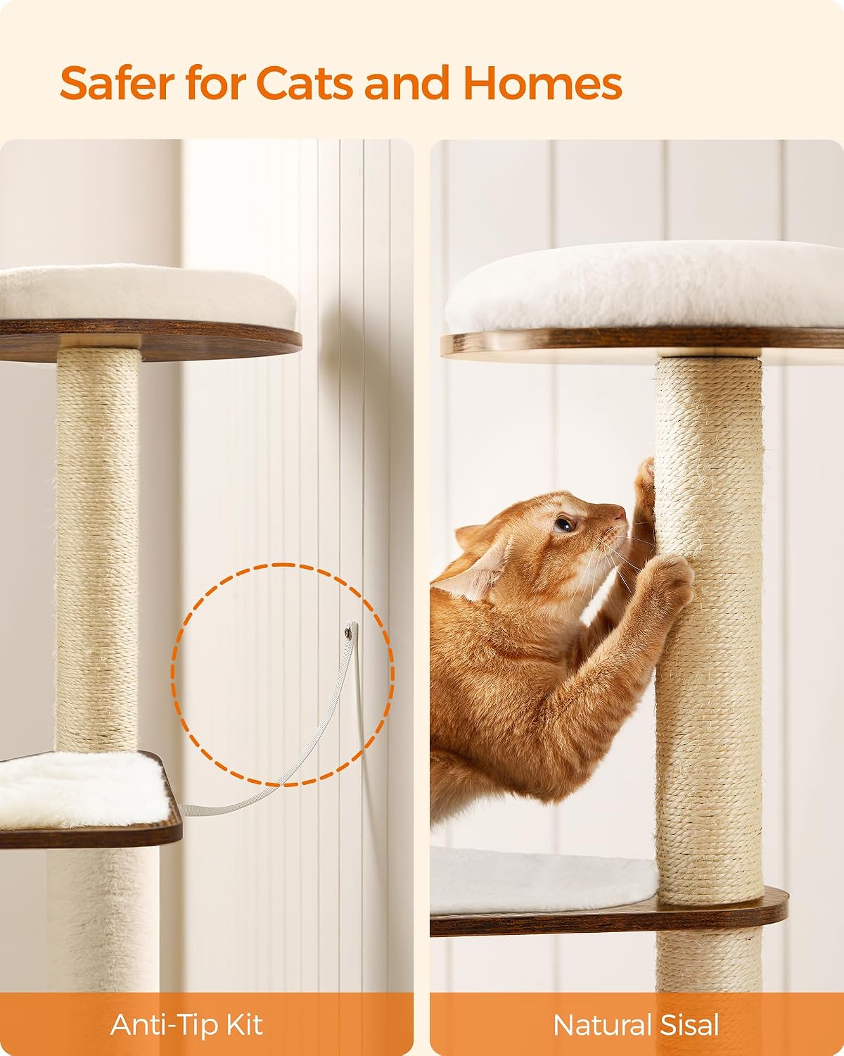 Cat Tree, 64.6-Inch Multi-Level Tower with 5 Scratching Posts