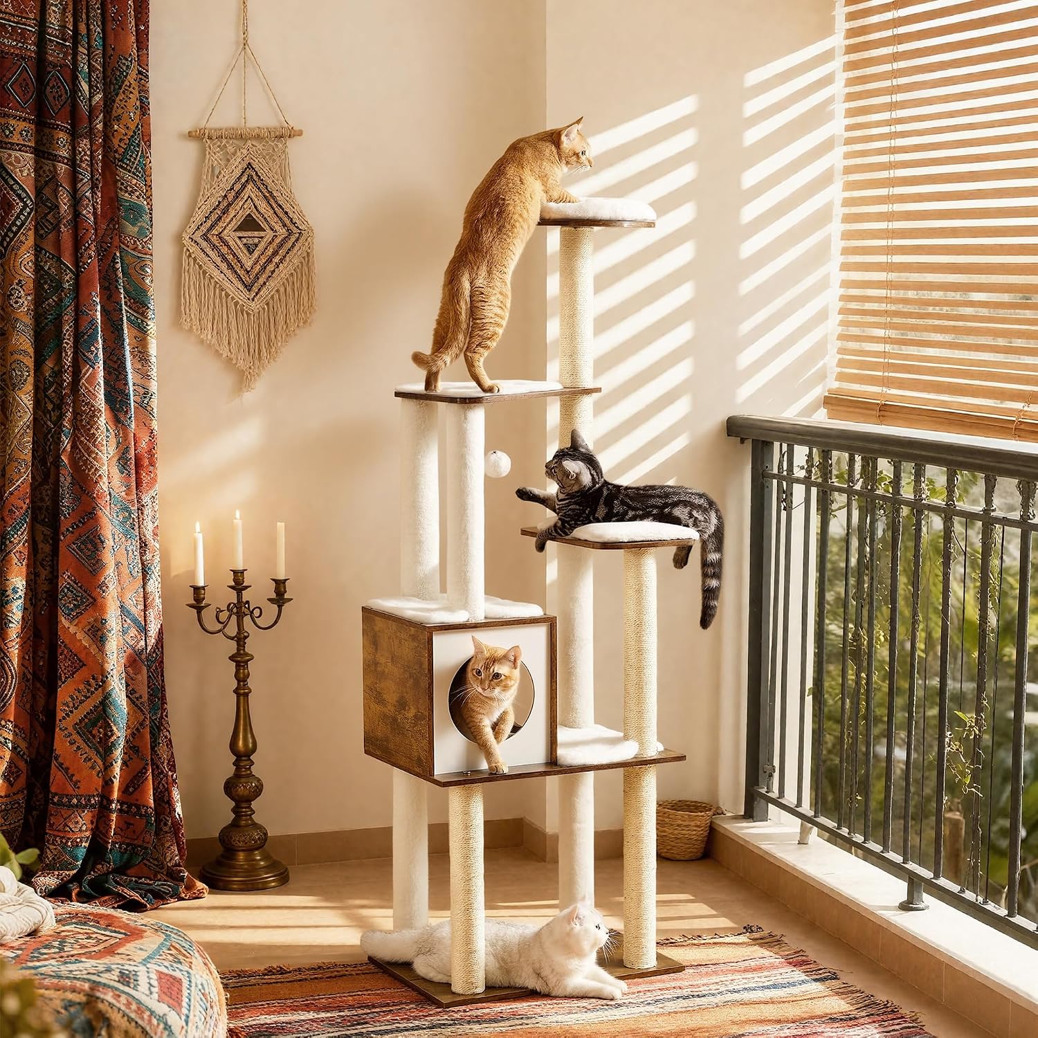 Cat Tree, 64.6-Inch Multi-Level Tower with 5 Scratching Posts