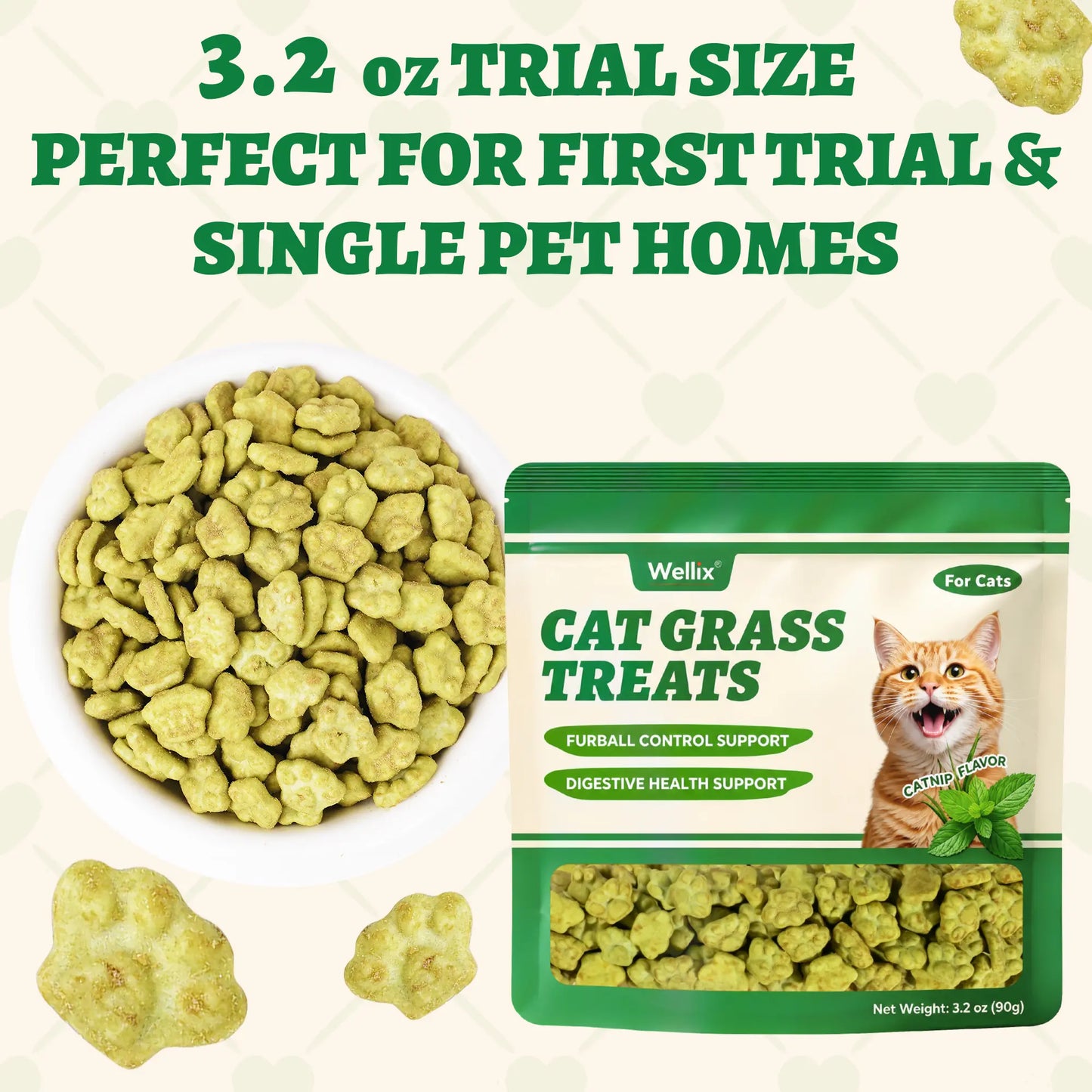 Wellix Dry Cat Treats - Biscuit Shape, Hairball Control, Natural Salmon, Feline Grass, Catnip, Dental Care for Indoor Cats & Kittens, 3.17Oz Feline Food for Feeding & Training,#Sohochic
