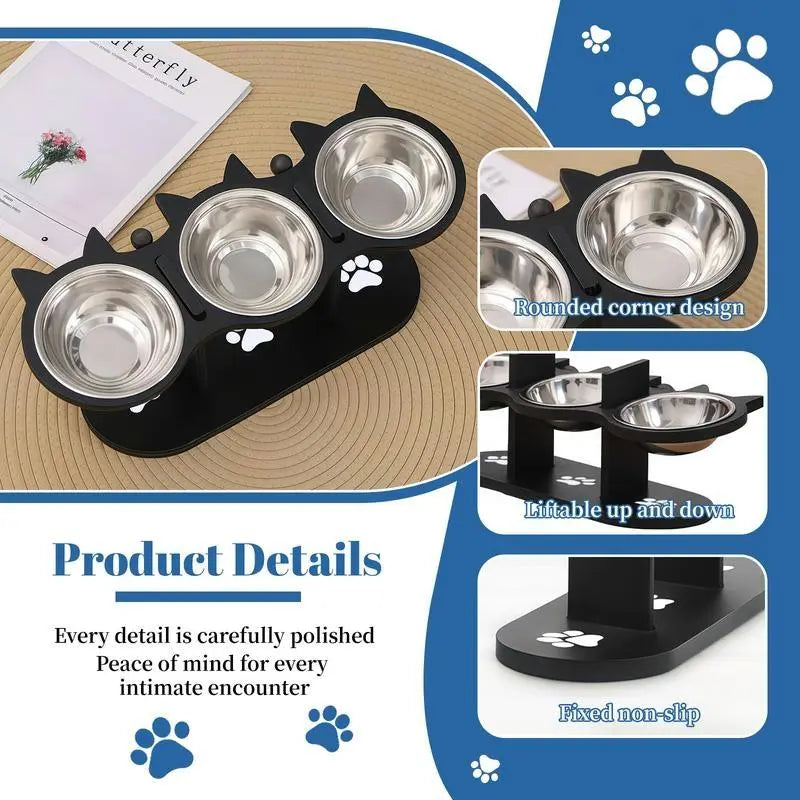 Elevated Cat Feeding Station with Multi-Tier Design, Featuring 3 Stainless Steel Bowls and Stands, Easy Assembly, and Portable for Cats and Dogs