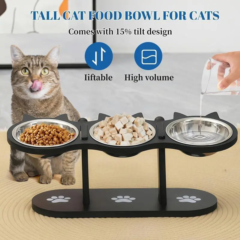 Elevated Cat Feeding Station with Multi-Tier Design, Featuring 3 Stainless Steel Bowls and Stands, Easy Assembly, and Portable for Cats and Dogs