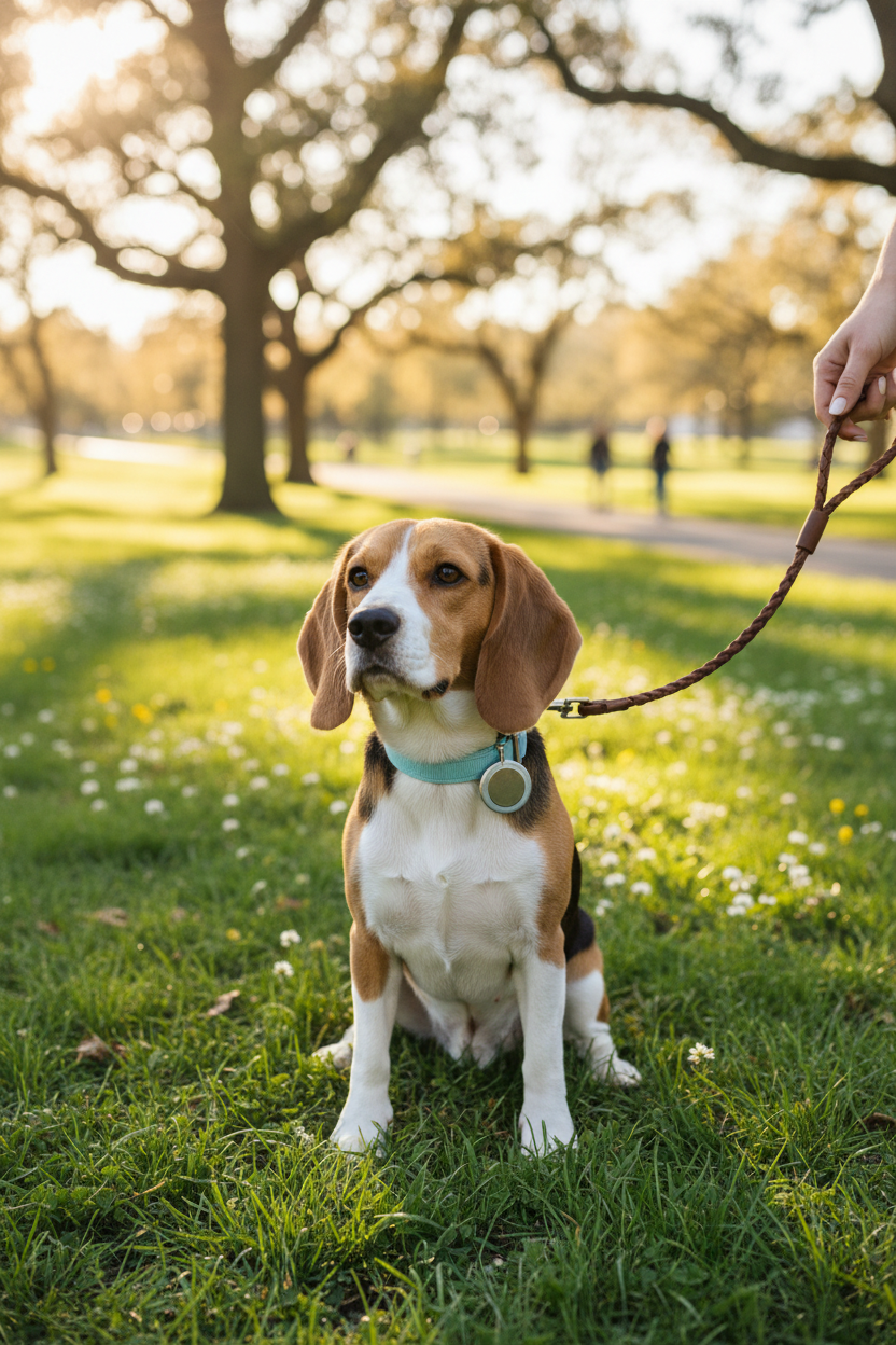 Beagle wearing a blue AirTag collar sitting in a sunny park